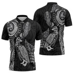 Aotearoa Moko Tribal Tattoo Zipper Polo Shirt New Zealand Maori Penguin and Fantail Black Color