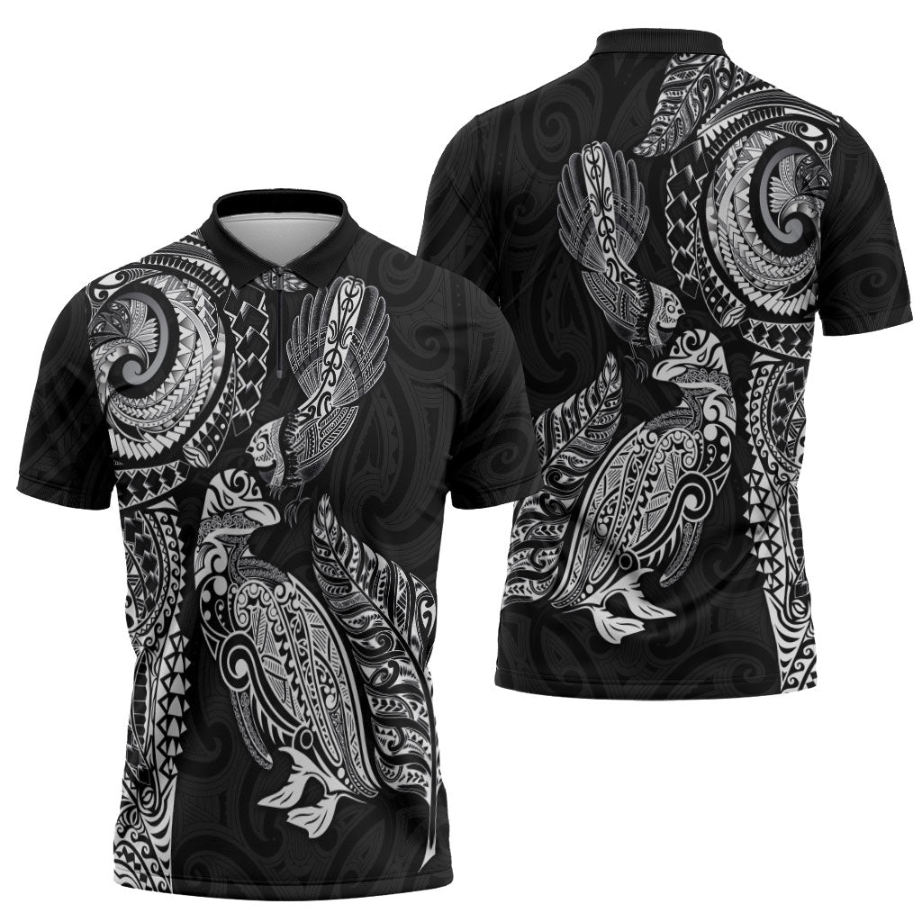Aotearoa Moko Tribal Tattoo Zipper Polo Shirt New Zealand Maori Penguin and Fantail Black Color