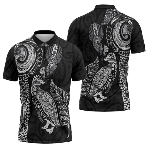 Aotearoa Moko Tribal Tattoo Zipper Polo Shirt New Zealand Maori Penguin and Fantail Black Color