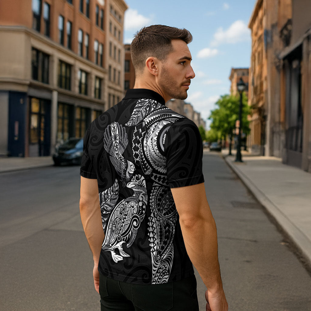 Aotearoa Moko Tribal Tattoo Zipper Polo Shirt New Zealand Maori Penguin and Fantail Black Color