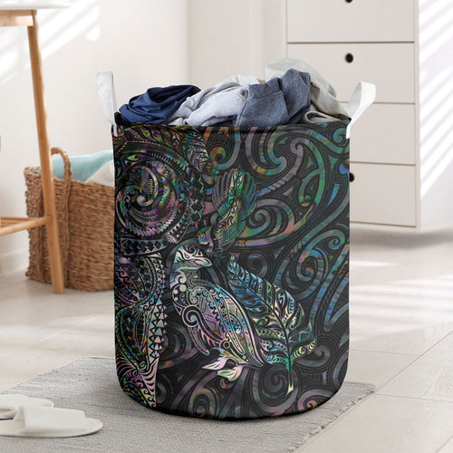 Aotearoa Moko Tribal Tattoo Laundry Basket New Zealand Maori Penguin and Fantail Paua Shell Style
