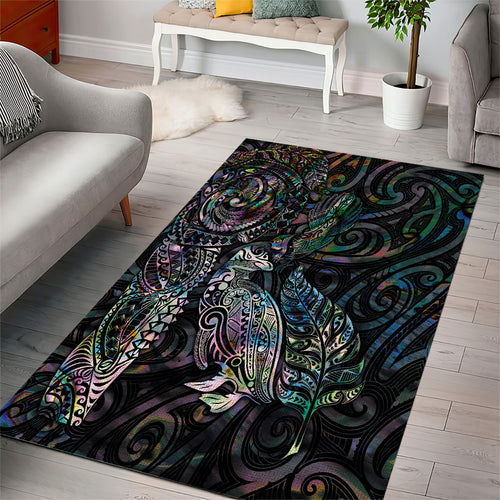 Aotearoa Moko Tribal Tattoo Area Rug New Zealand Maori Penguin and Fantail Paua Shell Style