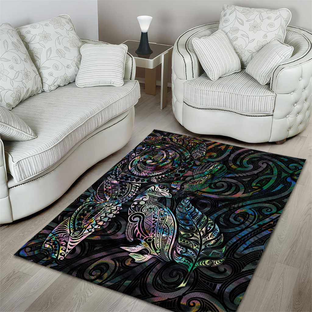 Aotearoa Moko Tribal Tattoo Area Rug New Zealand Maori Penguin and Fantail Paua Shell Style