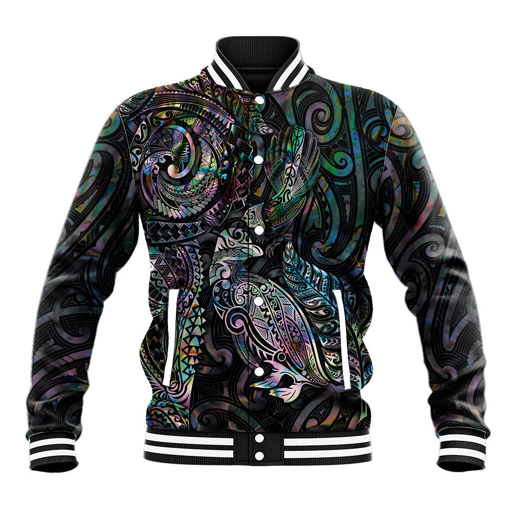 Aotearoa Moko Tribal Tattoo Baseball Jacket New Zealand Maori Penguin and Fantail Paua Shell Style