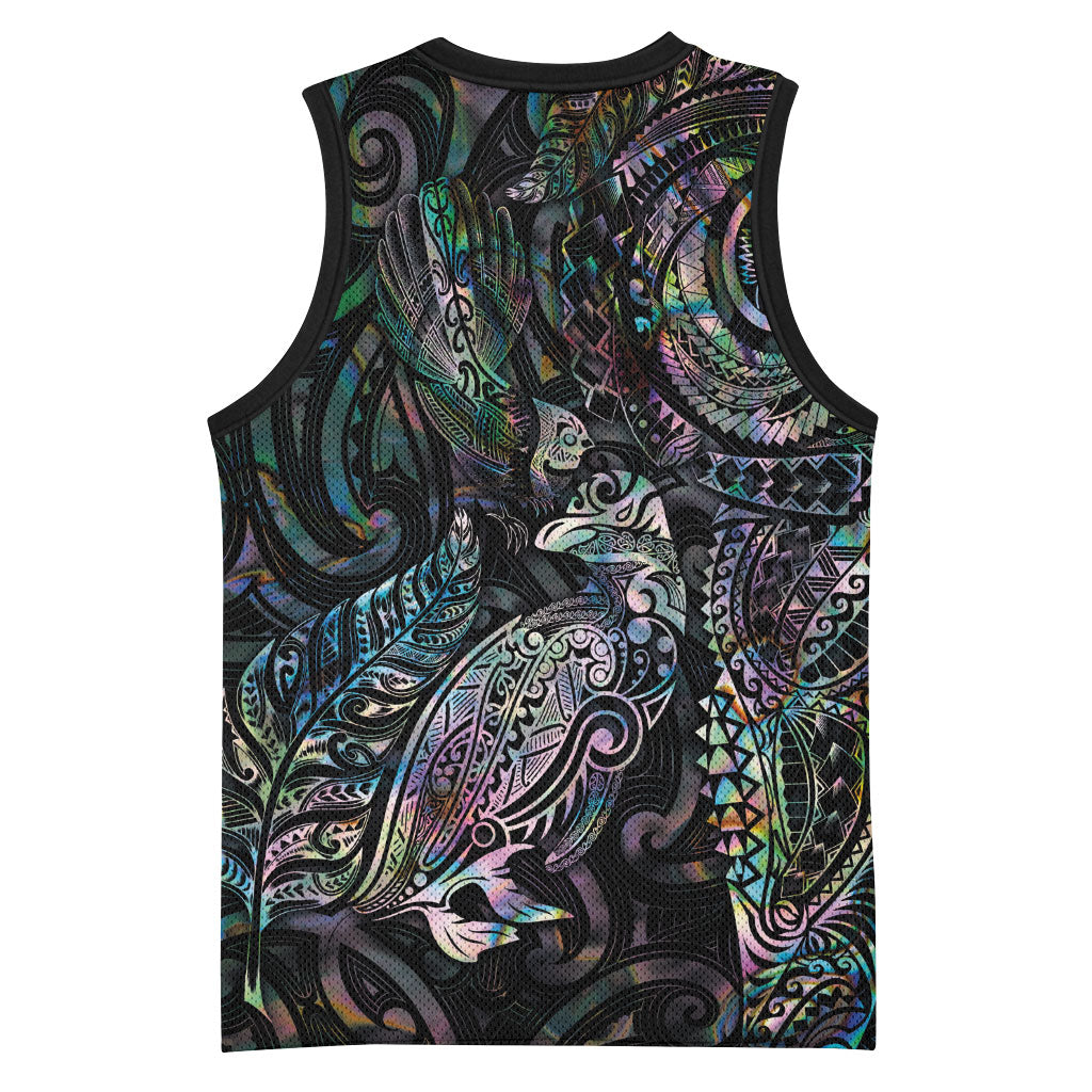 Aotearoa Moko Tribal Tattoo Basketball Jersey New Zealand Maori Penguin and Fantail Paua Shell Style