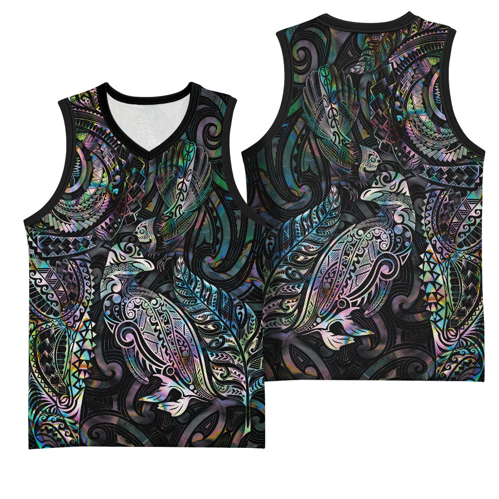Aotearoa Moko Tribal Tattoo Basketball Jersey New Zealand Maori Penguin and Fantail Paua Shell Style