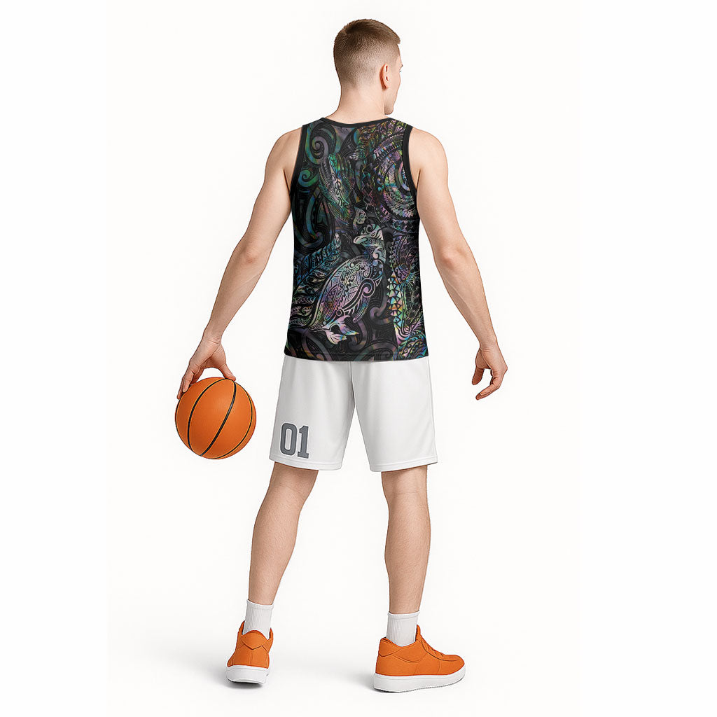 Aotearoa Moko Tribal Tattoo Basketball Jersey New Zealand Maori Penguin and Fantail Paua Shell Style