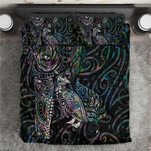 Aotearoa Moko Tribal Tattoo Bedding Set New Zealand Maori Penguin and Fantail Paua Shell Style