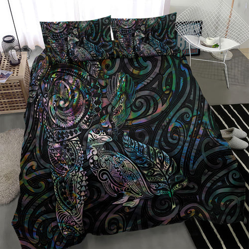 Aotearoa Moko Tribal Tattoo Bedding Set New Zealand Maori Penguin and Fantail Paua Shell Style