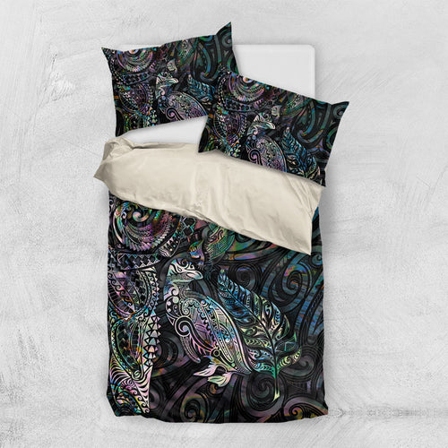 Aotearoa Moko Tribal Tattoo Bedding Set New Zealand Maori Penguin and Fantail Paua Shell Style