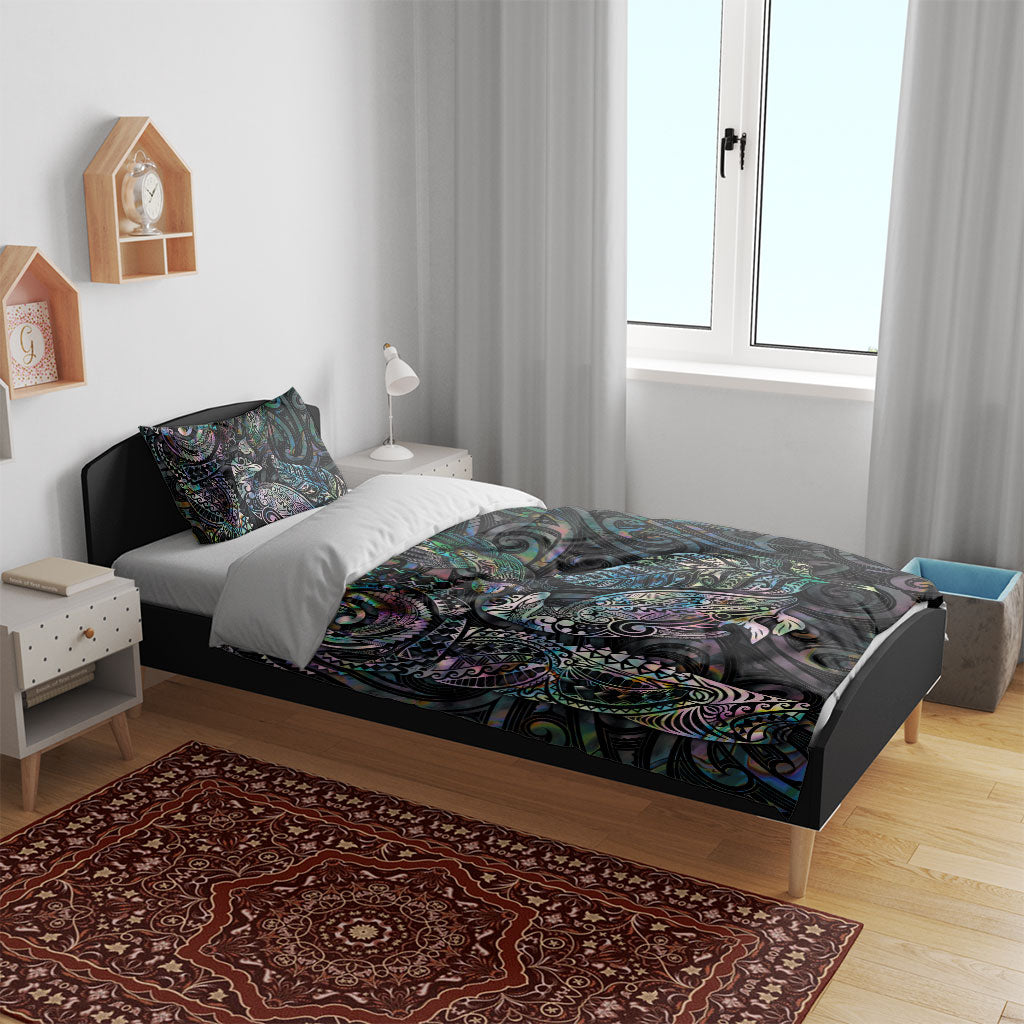 Aotearoa Moko Tribal Tattoo Bedding Set New Zealand Maori Penguin and Fantail Paua Shell Style