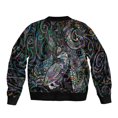 Aotearoa Moko Tribal Tattoo Bomber Jacket New Zealand Maori Penguin and Fantail Paua Shell Style