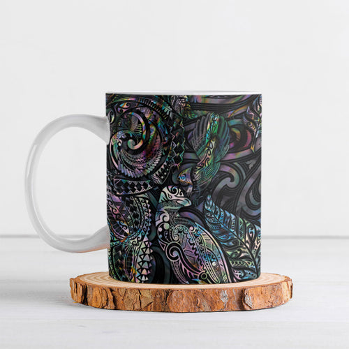 Aotearoa Moko Tribal Tattoo Ceramic Mug New Zealand Maori Penguin and Fantail Paua Shell Style