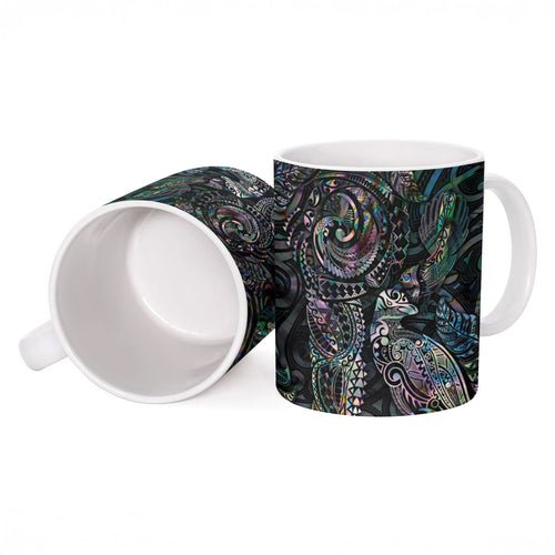 Aotearoa Moko Tribal Tattoo Ceramic Mug New Zealand Maori Penguin and Fantail Paua Shell Style