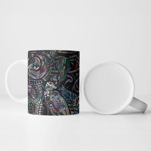 Aotearoa Moko Tribal Tattoo Ceramic Mug New Zealand Maori Penguin and Fantail Paua Shell Style