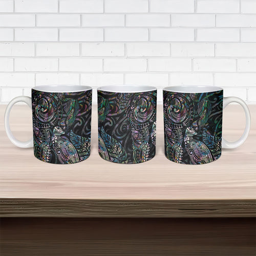 Aotearoa Moko Tribal Tattoo Ceramic Mug New Zealand Maori Penguin and Fantail Paua Shell Style