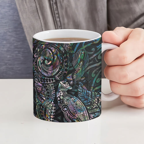 Aotearoa Moko Tribal Tattoo Ceramic Mug New Zealand Maori Penguin and Fantail Paua Shell Style