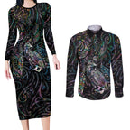 Aotearoa Moko Tribal Tattoo Couples Matching Long Sleeve Bodycon Dress and Long Sleeve Button Shirt New Zealand Maori Penguin and Fantail Paua Shell Style