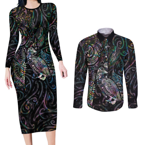 Aotearoa Moko Tribal Tattoo Couples Matching Long Sleeve Bodycon Dress and Long Sleeve Button Shirt New Zealand Maori Penguin and Fantail Paua Shell Style