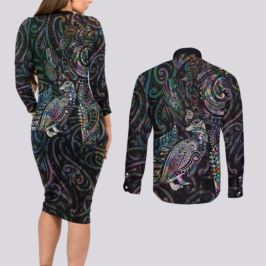 Aotearoa Moko Tribal Tattoo Couples Matching Long Sleeve Bodycon Dress and Long Sleeve Button Shirt New Zealand Maori Penguin and Fantail Paua Shell Style