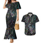 Aotearoa Moko Tribal Tattoo Couples Matching Mermaid Dress and Hawaiian Shirt New Zealand Maori Penguin and Fantail Paua Shell Style