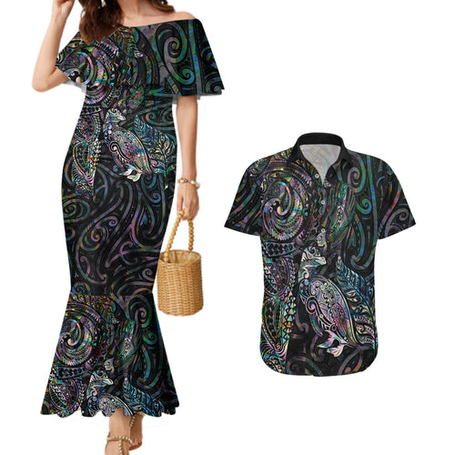 Aotearoa Moko Tribal Tattoo Couples Matching Mermaid Dress and Hawaiian Shirt New Zealand Maori Penguin and Fantail Paua Shell Style
