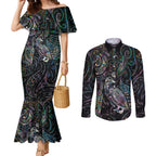 Aotearoa Moko Tribal Tattoo Couples Matching Mermaid Dress and Long Sleeve Button Shirt New Zealand Maori Penguin and Fantail Paua Shell Style