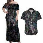 Aotearoa Moko Tribal Tattoo Couples Matching Off Shoulder Maxi Dress and Hawaiian Shirt New Zealand Maori Penguin and Fantail Paua Shell Style