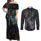 Aotearoa Moko Tribal Tattoo Couples Matching Off Shoulder Maxi Dress and Long Sleeve Button Shirt New Zealand Maori Penguin and Fantail Paua Shell Style