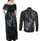Aotearoa Moko Tribal Tattoo Couples Matching Off Shoulder Maxi Dress and Long Sleeve Button Shirt New Zealand Maori Penguin and Fantail Paua Shell Style