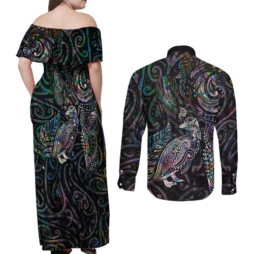 Aotearoa Moko Tribal Tattoo Couples Matching Off Shoulder Maxi Dress and Long Sleeve Button Shirt New Zealand Maori Penguin and Fantail Paua Shell Style