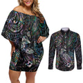 Aotearoa Moko Tribal Tattoo Couples Matching Off Shoulder Short Dress and Long Sleeve Button Shirt New Zealand Maori Penguin and Fantail Paua Shell Style