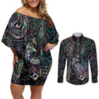 Aotearoa Moko Tribal Tattoo Couples Matching Off Shoulder Short Dress and Long Sleeve Button Shirt New Zealand Maori Penguin and Fantail Paua Shell Style