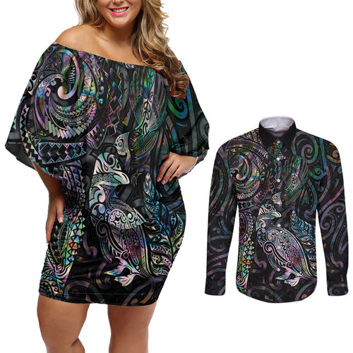 Aotearoa Moko Tribal Tattoo Couples Matching Off Shoulder Short Dress and Long Sleeve Button Shirt New Zealand Maori Penguin and Fantail Paua Shell Style