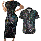 Aotearoa Moko Tribal Tattoo Couples Matching Short Sleeve Bodycon Dress and Hawaiian Shirt New Zealand Maori Penguin and Fantail Paua Shell Style