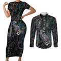 Aotearoa Moko Tribal Tattoo Couples Matching Short Sleeve Bodycon Dress and Long Sleeve Button Shirt New Zealand Maori Penguin and Fantail Paua Shell Style