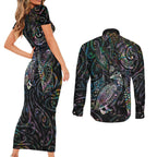 Aotearoa Moko Tribal Tattoo Couples Matching Short Sleeve Bodycon Dress and Long Sleeve Button Shirt New Zealand Maori Penguin and Fantail Paua Shell Style