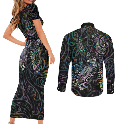 Aotearoa Moko Tribal Tattoo Couples Matching Short Sleeve Bodycon Dress and Long Sleeve Button Shirt New Zealand Maori Penguin and Fantail Paua Shell Style