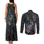 Aotearoa Moko Tribal Tattoo Couples Matching Tank Maxi Dress and Long Sleeve Button Shirt New Zealand Maori Penguin and Fantail Paua Shell Style
