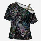 Aotearoa Moko Tribal Tattoo Cross Shoulder Shirt New Zealand Maori Penguin and Fantail Paua Shell Style