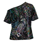 Aotearoa Moko Tribal Tattoo Cross Shoulder Shirt New Zealand Maori Penguin and Fantail Paua Shell Style