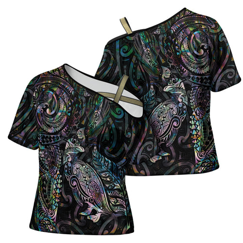 Aotearoa Moko Tribal Tattoo Cross Shoulder Shirt New Zealand Maori Penguin and Fantail Paua Shell Style