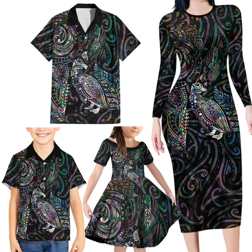 Aotearoa Moko Tribal Tattoo Family Matching Long Sleeve Bodycon Dress and Hawaiian Shirt New Zealand Maori Penguin and Fantail Paua Shell Style