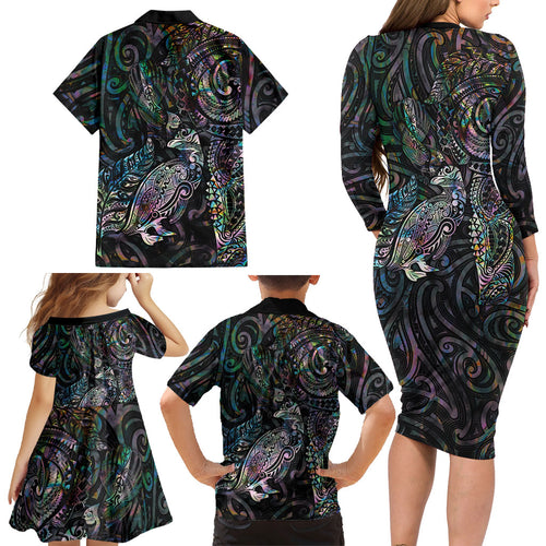 Aotearoa Moko Tribal Tattoo Family Matching Long Sleeve Bodycon Dress and Hawaiian Shirt New Zealand Maori Penguin and Fantail Paua Shell Style