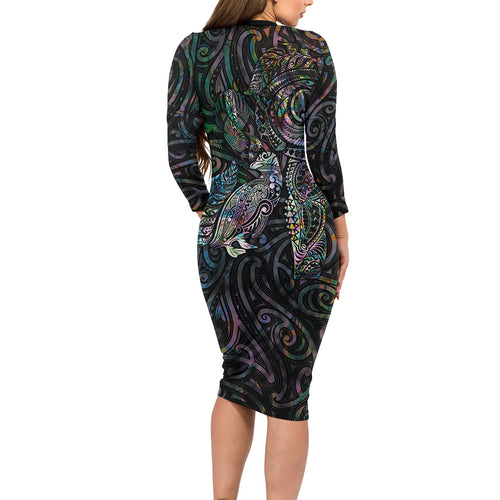 Aotearoa Moko Tribal Tattoo Family Matching Long Sleeve Bodycon Dress and Hawaiian Shirt New Zealand Maori Penguin and Fantail Paua Shell Style