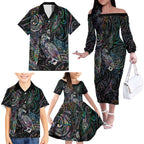 Aotearoa Moko Tribal Tattoo Family Matching Off The Shoulder Long Sleeve Dress and Hawaiian Shirt New Zealand Maori Penguin and Fantail Paua Shell Style