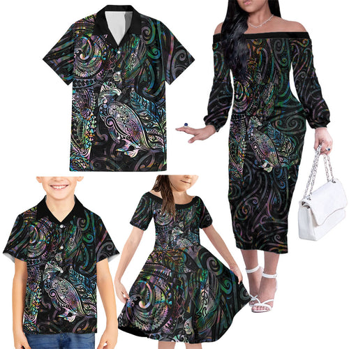 Aotearoa Moko Tribal Tattoo Family Matching Off The Shoulder Long Sleeve Dress and Hawaiian Shirt New Zealand Maori Penguin and Fantail Paua Shell Style