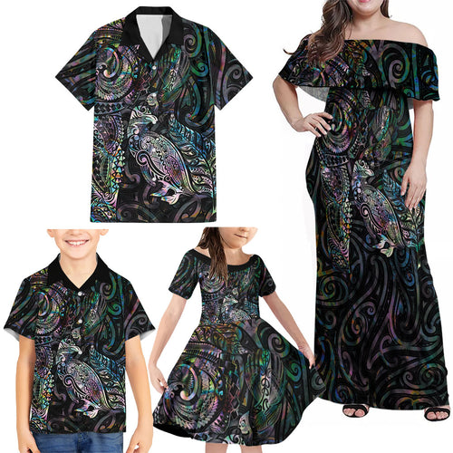Aotearoa Moko Tribal Tattoo Family Matching Off Shoulder Maxi Dress and Hawaiian Shirt New Zealand Maori Penguin and Fantail Paua Shell Style