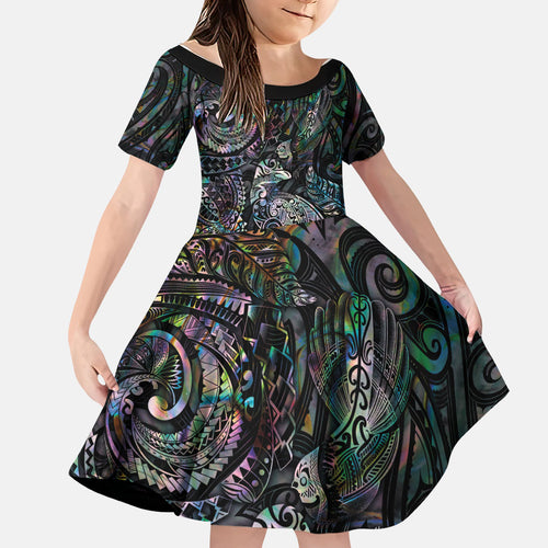 Aotearoa Moko Tribal Tattoo Family Matching Off Shoulder Maxi Dress and Hawaiian Shirt New Zealand Maori Penguin and Fantail Paua Shell Style