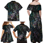 Aotearoa Moko Tribal Tattoo Family Matching Off Shoulder Maxi Dress and Hawaiian Shirt New Zealand Maori Penguin and Fantail Paua Shell Style